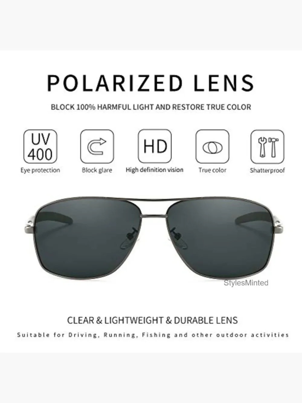 Men's Polarized Square Aviator Sunglasses Metal Frame UV Protection